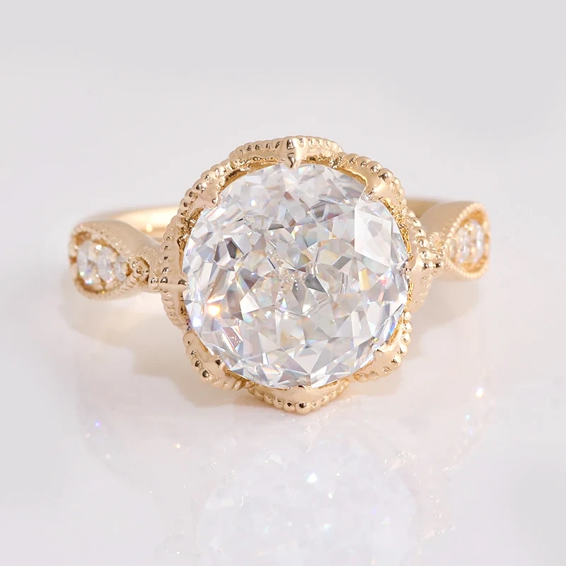 Bague de fiançailles vintage cathédrale sablée milgrain et rétrécie européenne en forme de tulipe avec moissanite taille jubilé de 9 mm 1