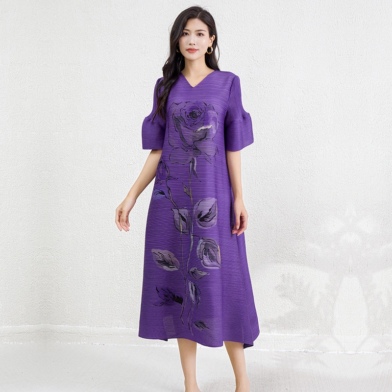 Pleats Clothing Manufacturer Direct From The Factory Miyake Dress Plus Size Pleated Women's Dresses Loose Fit Polyester Printed Free Size Floral Dress 1
