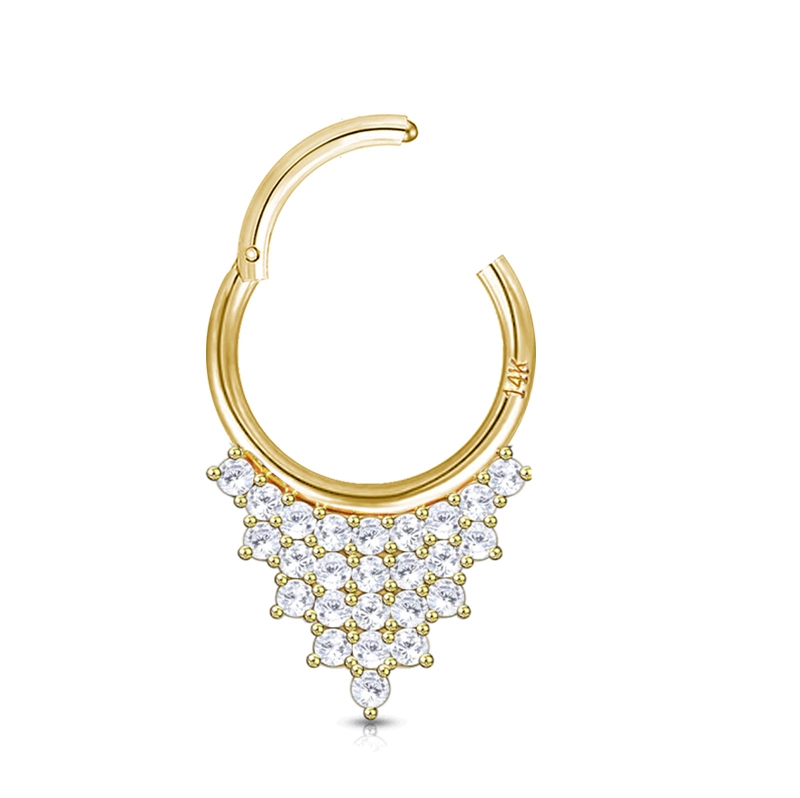 Eternal Metal 14k Solid Gold V Shape Cz Stone Front Paved Septum Clicker Hinged Segment Piercing Ring Body Piercing Jewelry 1