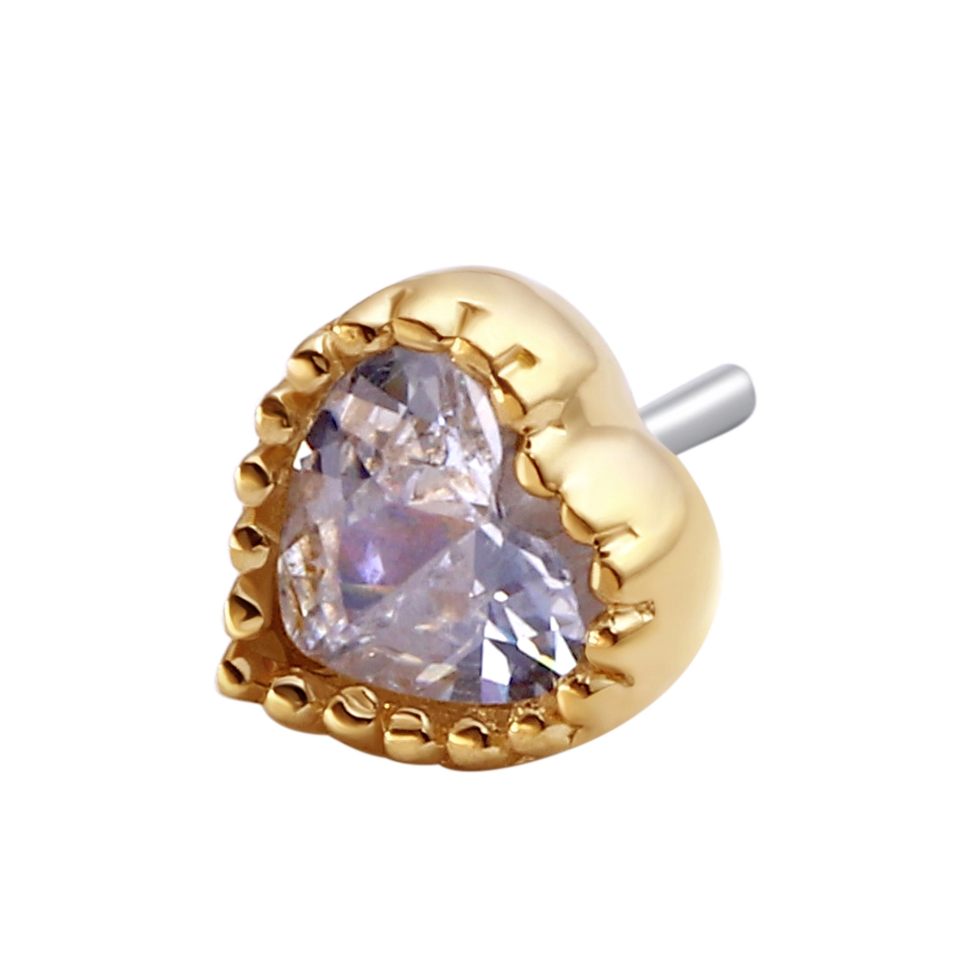 Eternal Metal Piercing Jewelry 14k Solid Gold Threadless Heart Shape Ends With Zircon And Stainless Steel Push Pin 1