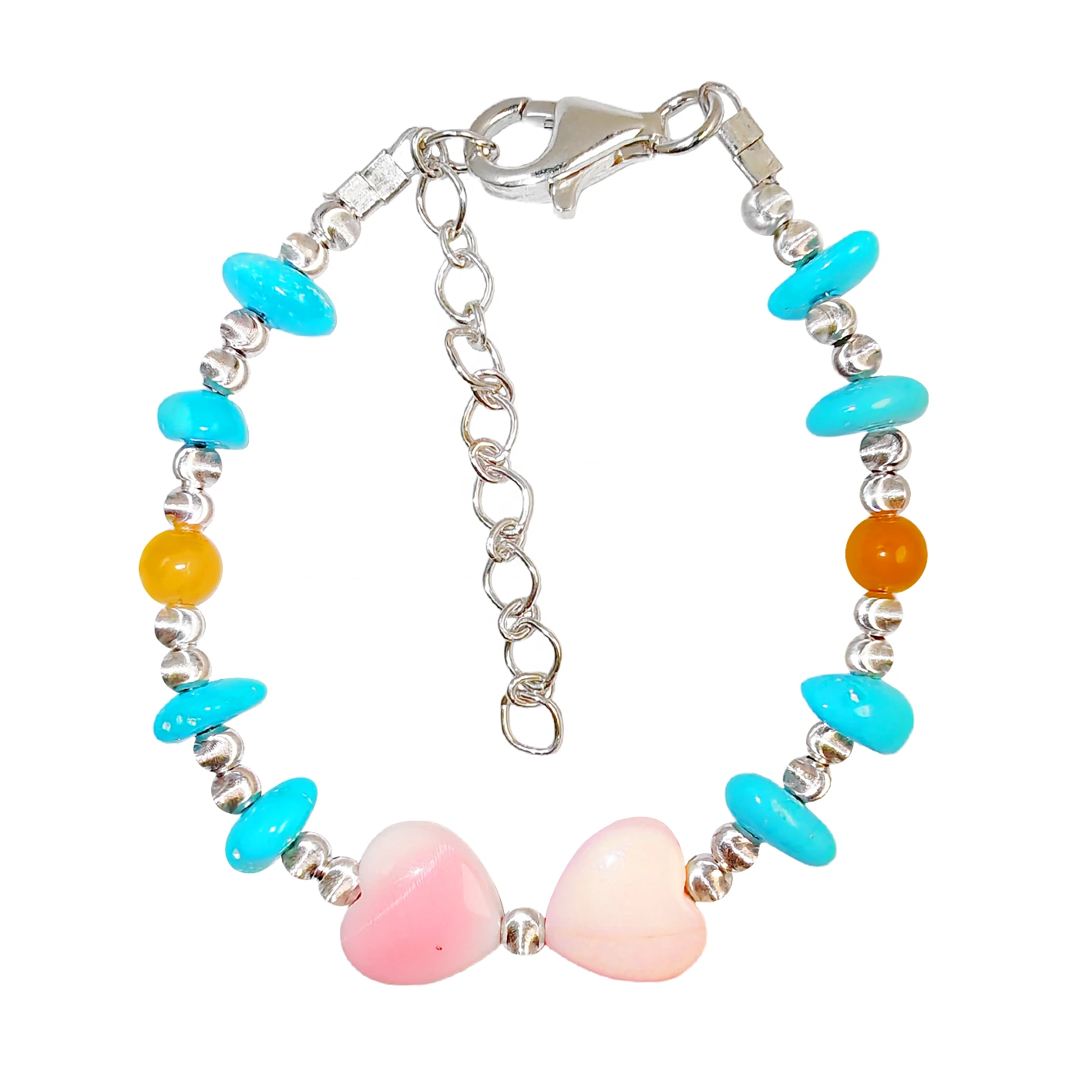 Made Of S925 Silver And Natural Turquoise This Bracelet Is Decorated With A Pink Opal Heart Shaped Pendant It's Delicate 1
