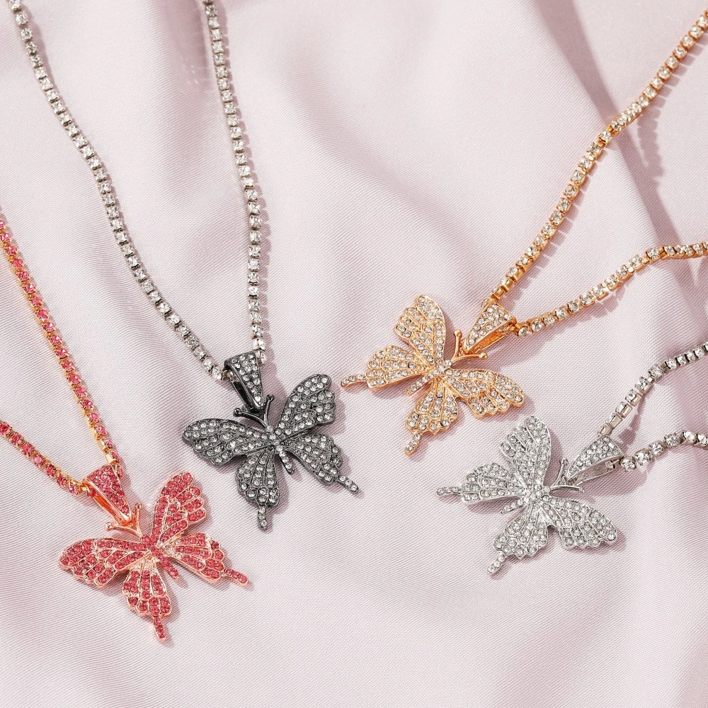Temperament Cuban Butterfly Necklace Cross Border Rhinestone Butterfly Pendant Neckchain Hip Hop Jewelry Tennis Choker 1