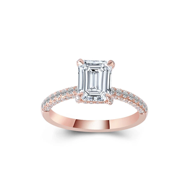 Provence Gem Rose Gold 3 Side Side Def 2Carat Emerald Cut Moissanite Diamond Engagement مع Hidden Halo 1