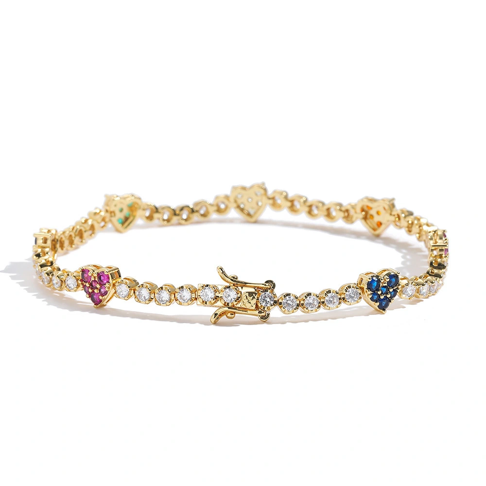 Hot Sell Popular Colorful Heart-shaped Tennis Bracelets Hip-hop Couples Stacked With Copper Inlaid Zircon Love Tennis Chains 1