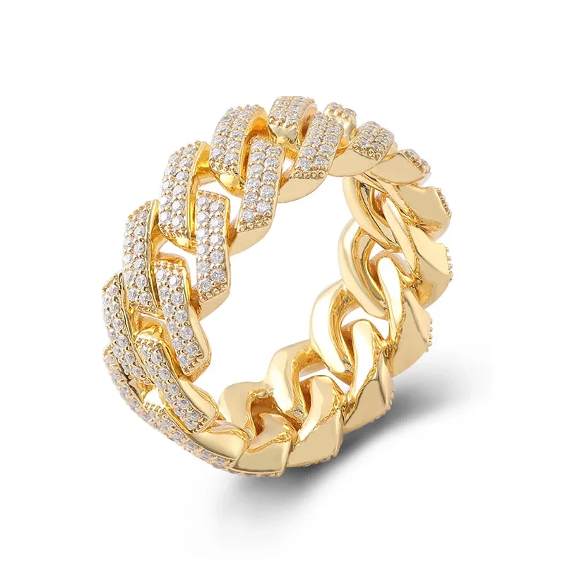 Hiphop Iced Out Cuban Links Ring Lab Diamond Cuban Chain Men Ring 14k Yellow Gold Hiphop Jewelry Diamond Ring Band For Men 1