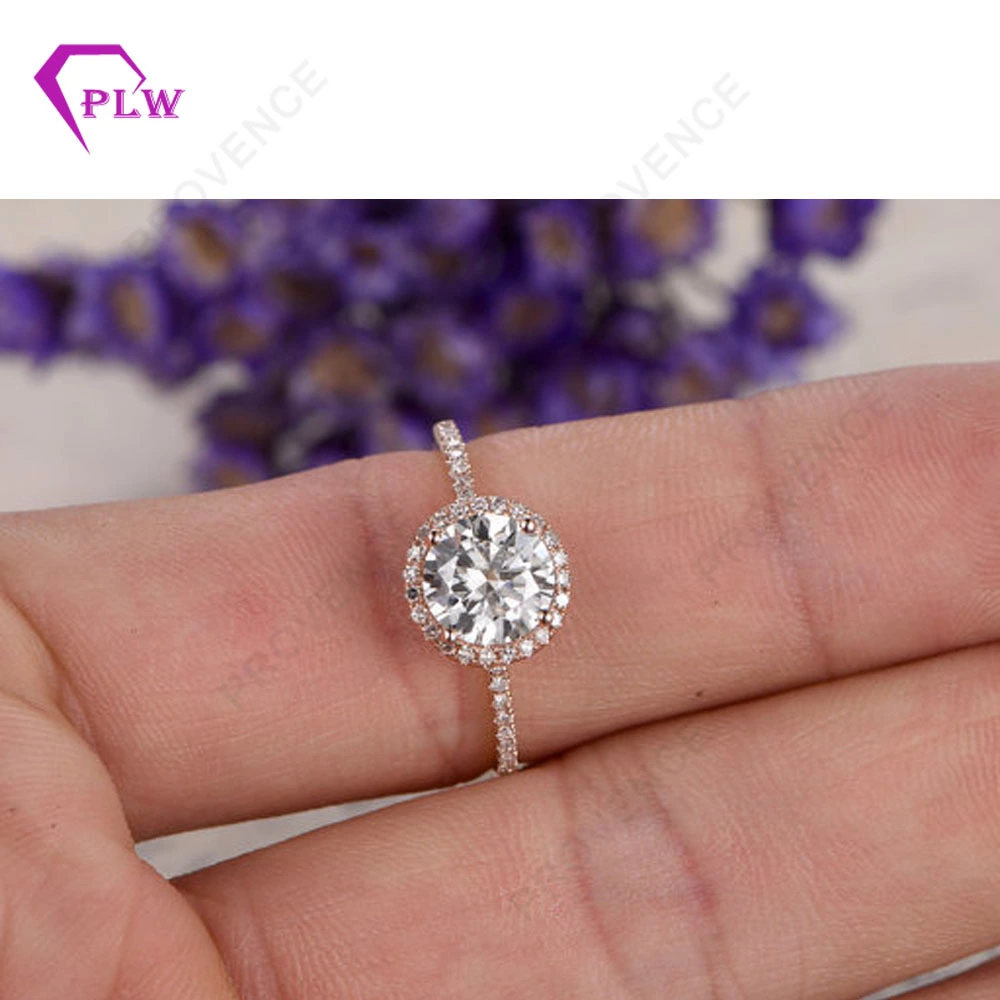 Bague de fiançailles en or rose 14 carats avec moissanite ronde incolore taille H&lt;000000&gt;a, poids 1 carat, avec halo de moissanite Bijoux 1