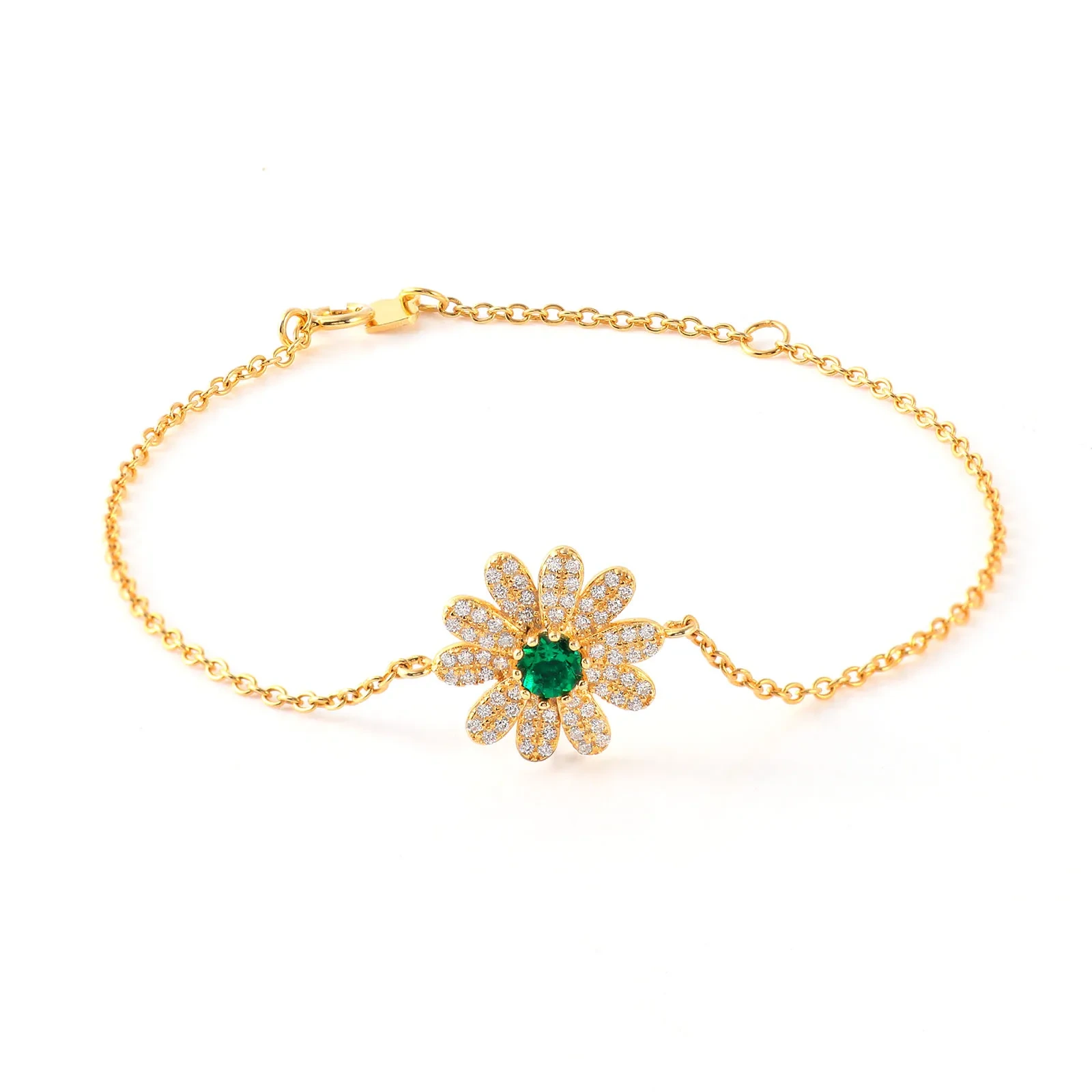 Wholesale Sunflower Design Women Sterling Silver Lab Grown Emerald Gemstone Jewelry Emerald Charm Bracelet 1