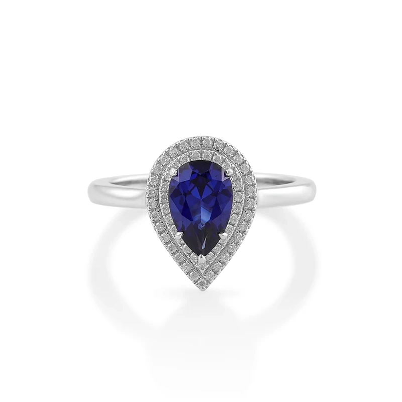 9x6mm Pear Shape 14k White Gold Engagement Moissanite Halo Royal Blue Lab Grown Gemstones Ring For Women Men 1