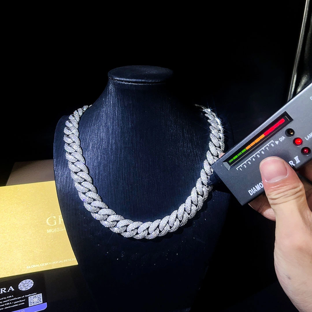 Fine Jewelry Necklace S925 Sterling Silver Hip Hop Iced Out 2 Row Vvs1 Moissanite Diamond Cuban Link Chain 1