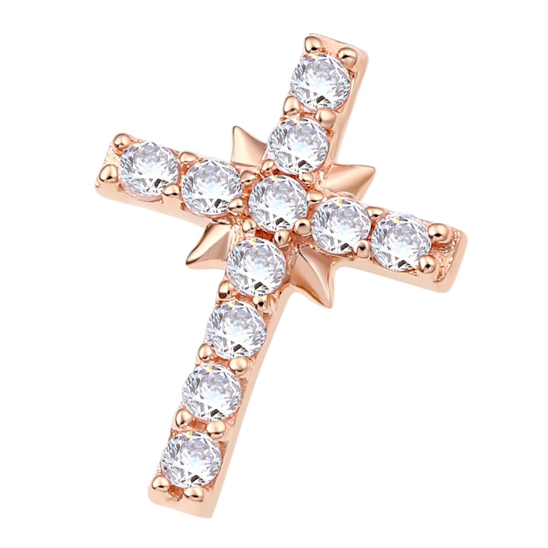 Eternal Metal 14k Solid Rose Gold Cz Paved Cross Nose&labret Piercing Jewelry Threadless Push In Ends Tops 1