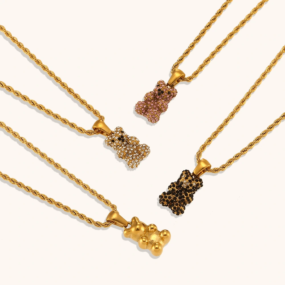 Wholesale Fashion Bears Pendant Necklace Fried Dough Twists Chain Stainless Steel 18k Gold Plated Zircon Jewelry For Women 1