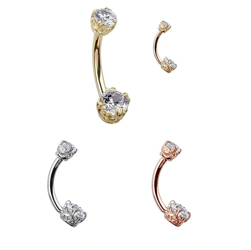 14k Solid Gold Filigree Double Crystal Gem Belly Ring Piercing Jewelry 1
