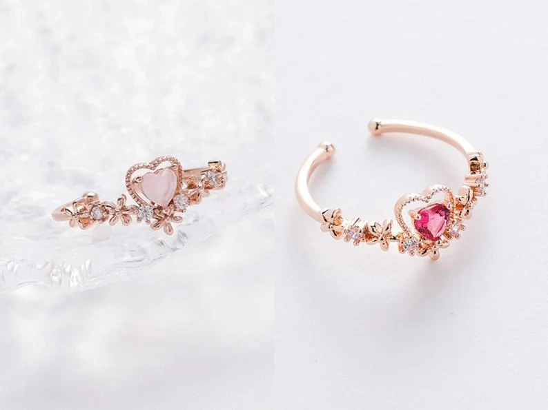Custom Sweet Pink Color Heart Shaped Lab Gemstone Rings Women Adjustable In Solid Rose Gold 1