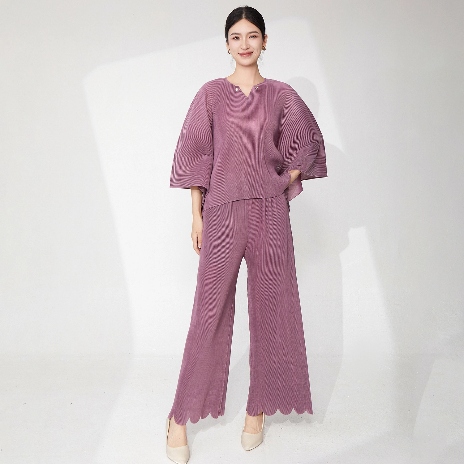 Miyake Pleated Casual Set for Women – Summer Two-Piece Loose T-Shirt and Straight Pants | Plus Size Fashion 1