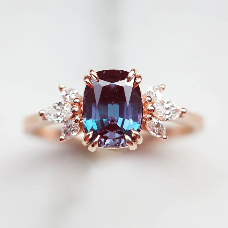 2ct Elongated Cushion Cut Lab Alexandrite With Marquise Moissanite Ring In 10k Yg/wg/rg Women Engagement Ring 1