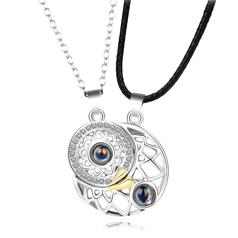 Stainless Steel Heart Sun Moon Couples 100 Language Of Love Projection Necklace Pendant Magnet Design Clavicle Necklace 1
