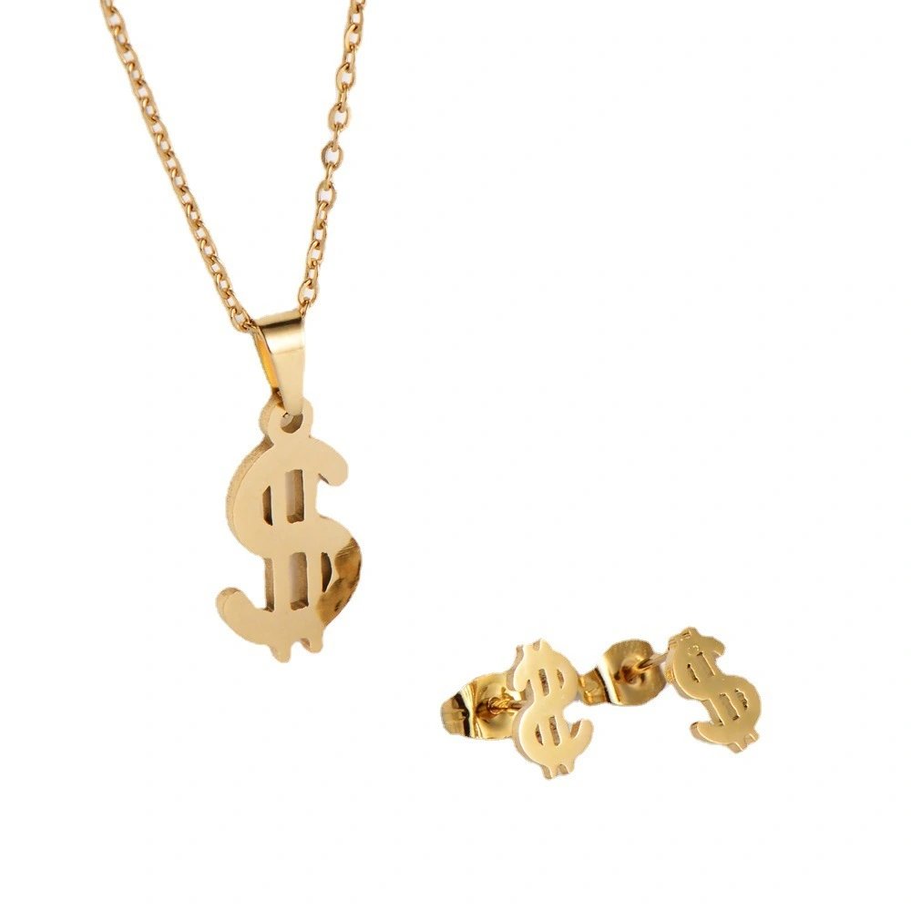 The Manufacturer Wholesale Fashionable Dollar Shape Pendant Necklace Luxury Stainless Steel Necklace Earrings Jewelry Set 1