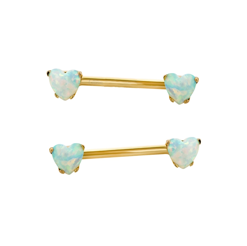 Eternal Metal G23 Titanium Nipple Barbell With Heart Opal Prong Set Internally Threaded Ends Body Jewelry 14g 1