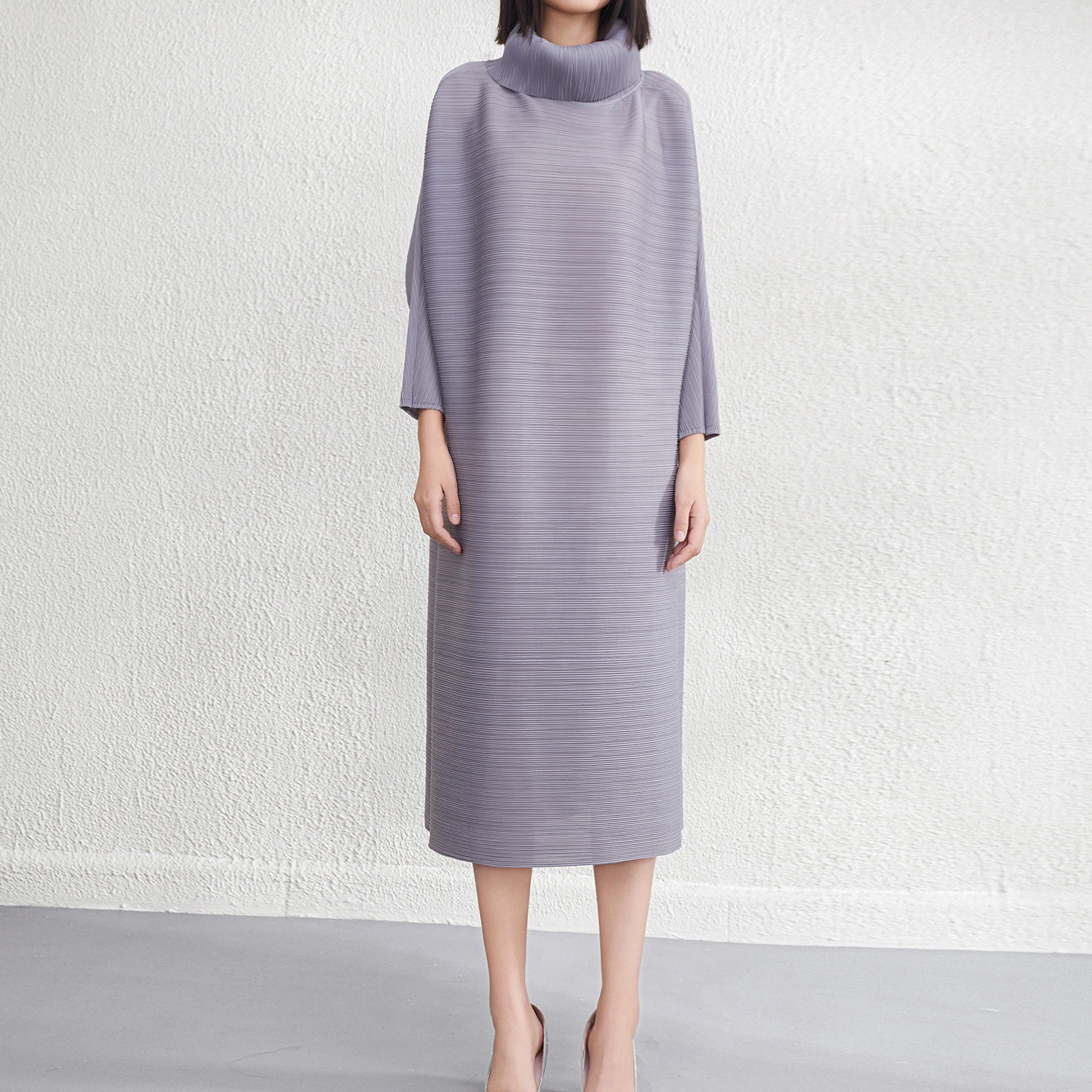Pleats Clothing Manufacturers  Miyake Design Dress Basic Style High Collar Solid Color Women's Casual Straight Dress 1