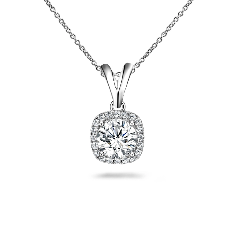 Provence Jewelry 1.0ct Round Moissanite Diamond Sterling Silver Silver Pendant Collier avec coussin Halo Réglage prêt à expédier 1
