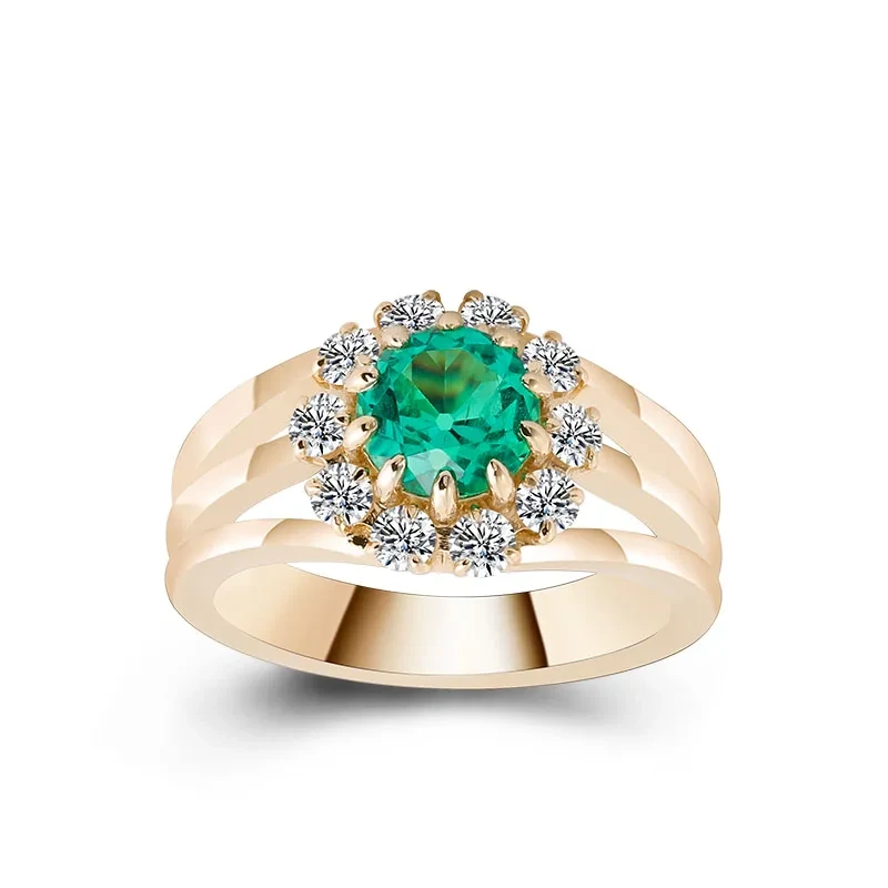Bague en or jaune 10 carats avec diamants et émeraude taille ronde de laboratoire. Bague de fiançailles en or jaune 10 carats avec émeraude taille ronde ... 1