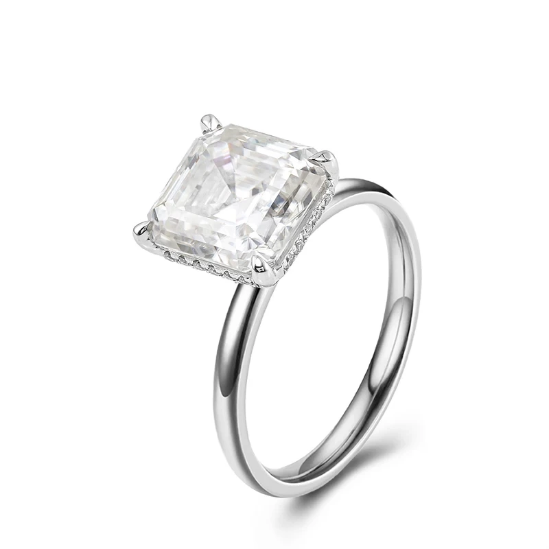 Incolore 3.5ctw Asscher coupé Moisanite Engagement anneau de fiançailles 10k orne de la bague Moisanite en or blanc avec halo caché 1