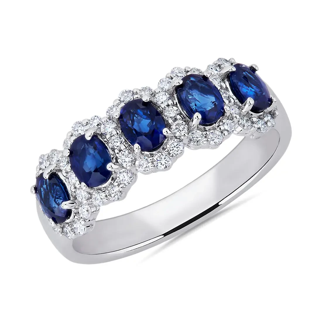 10k weiß fünf Stein 4x3mm ovaler Saphir und Diamanthalo -Jubiläumsring 1