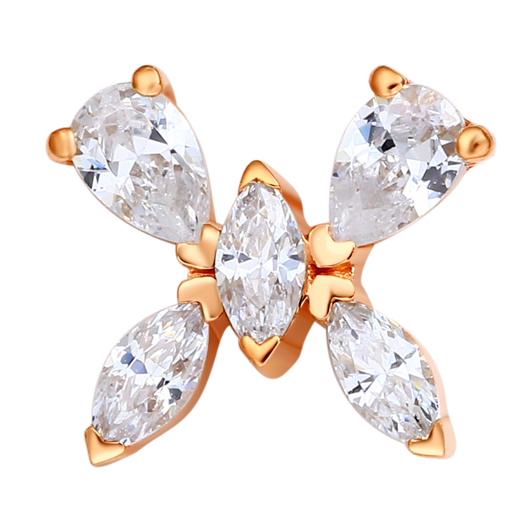 Eternal Metal 14k Solid Yellow Gold Rose Gold Cz Paved Flora Butterfly Nose<000000>labret Piercing Jewelry Threadless Push In Ends Tops 5