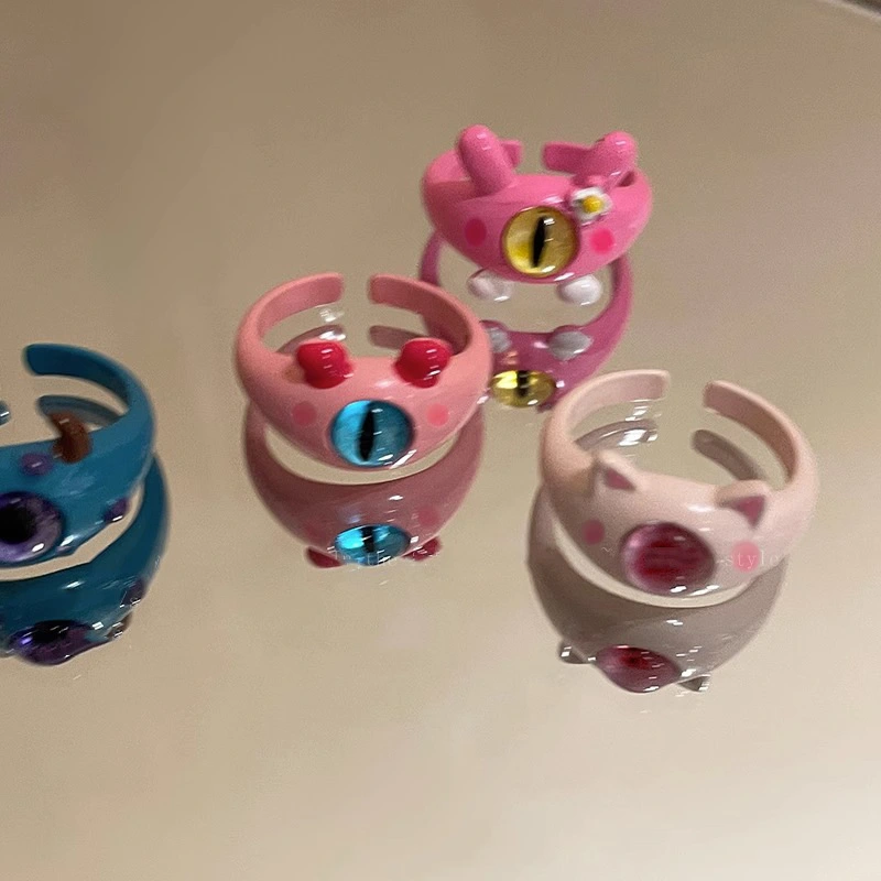 Fashion Jewelry Women's Vintage Girl Personality Cute Monster Ring Pink Crystal Anima Cat Monster Eye Adjustable Ring 1