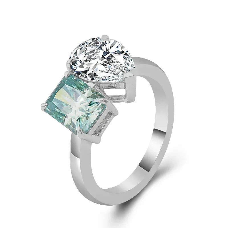 4CT chaque poire et rayonnement coupé 2 pierres anneaux bleu vert coloré Moisanite Engagement Éternité Anneau 14K / 18K Gold 1