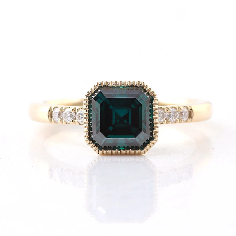 Asscher Coup Cut Moissanite Ring Pierre vert foncé 14K Anneau d'or jaune haute qualité Provence Fine Bijoux Anneaux 1