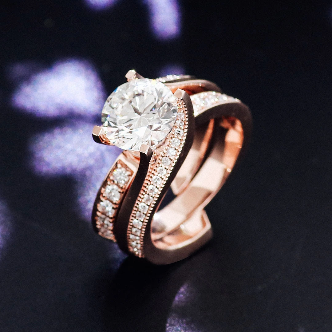 Provence Solid de 14k Rango de oro rosa Antiguo Antiguo Ronda Redonda Ronda de moissanite Ranje para compromiso para compromiso 1