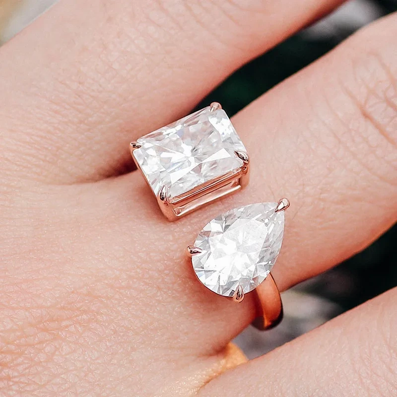 Ring Moisanite Double Stone Radiant Radiant et poire Coup Moisanite Gold plaqué de gros prix 1