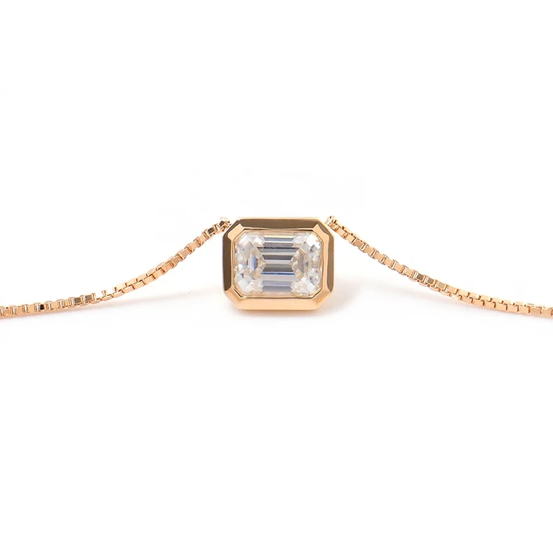 Custom Necklace14k Yellow Gold 6x8mm Emerald Cut Moissanite Bezel Necklace Box Chain S925 silver Necklace Jewelry 1