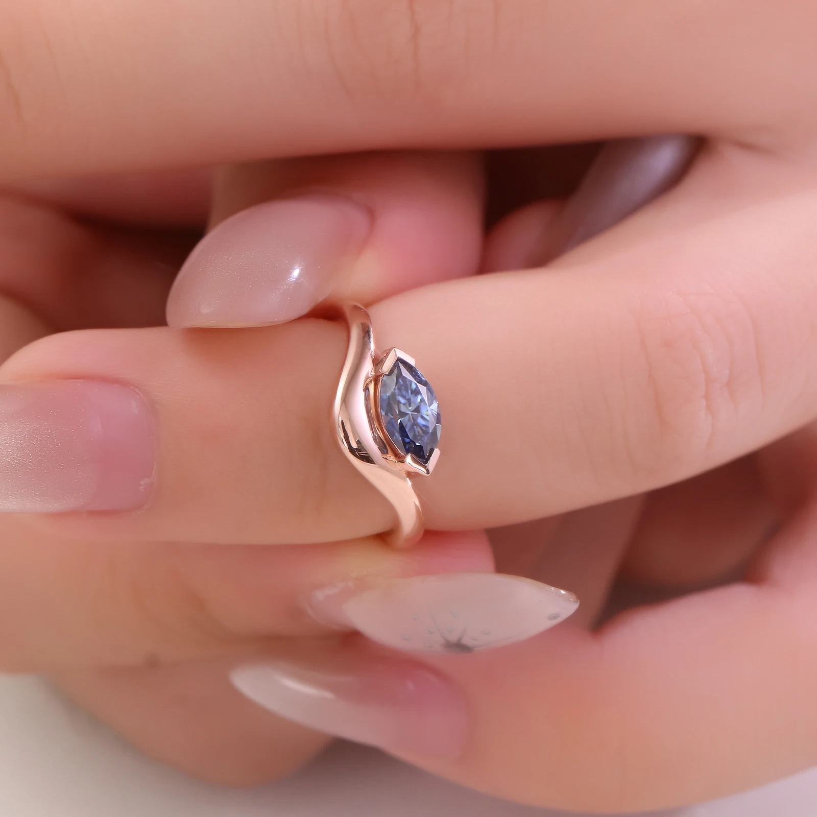 Bijoux fin 10k rose or bleu gris marquise Moisanite Diamond Anneau de fiançailles 1