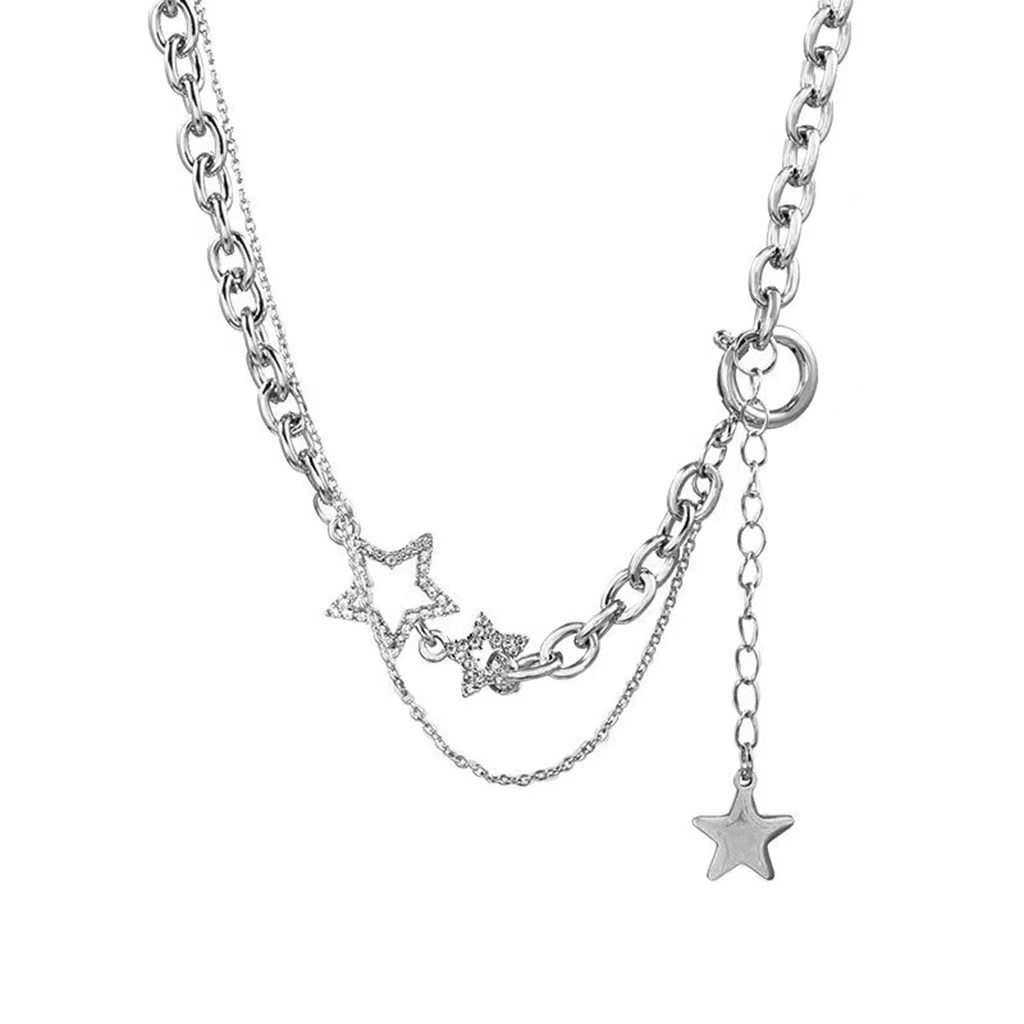 High Grade Star Studded Diamond Double Necklace For Women's Cool Style With Hip-hop Short Neck Stainless Steel Bone Chain 1