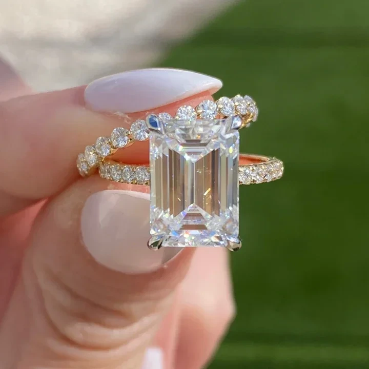 5ct Emerald Cut Lab Diamond Ring With Hidden Halo & Pave 1/2 Band 18k Sit Flush Wedding Eternity Band 1