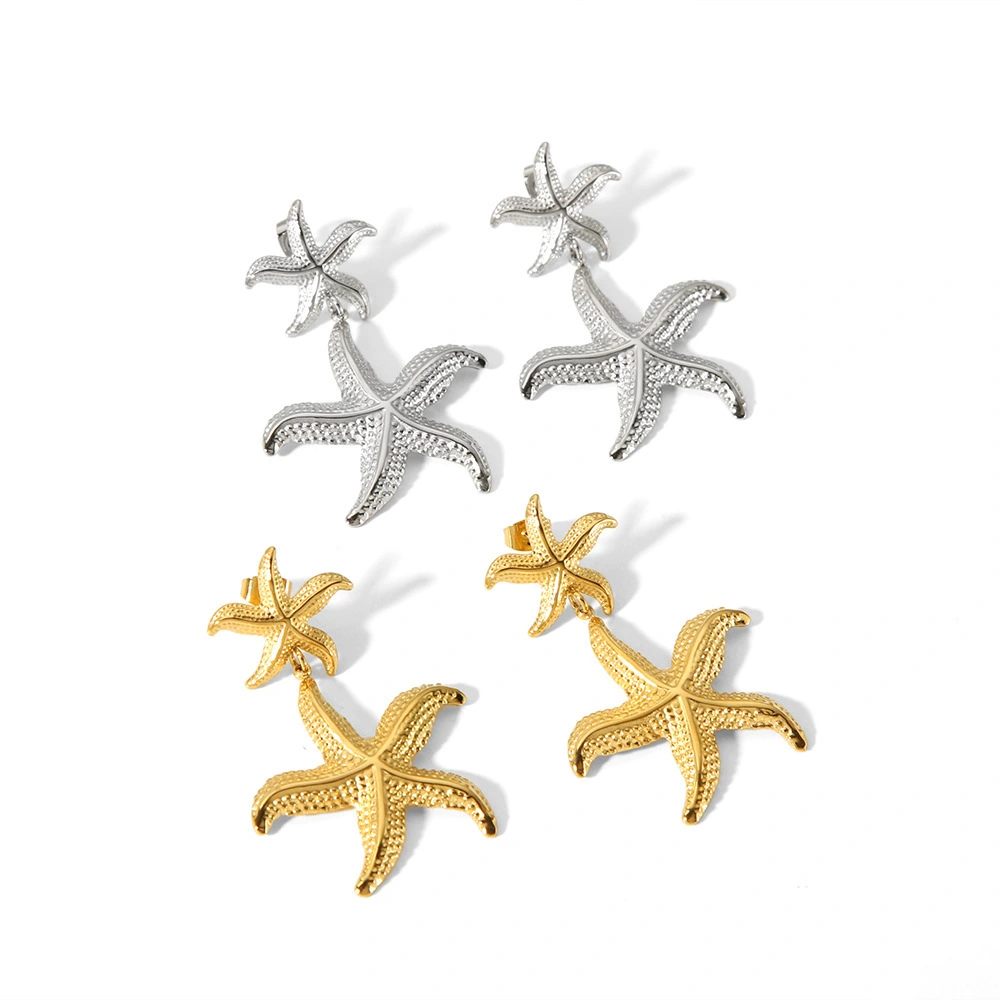 Hot Selling Vintage Ocean Element Double Starfish Shaped Stainless Steel 18k Gold Plated Summer Star Drop Earrings For Women 1