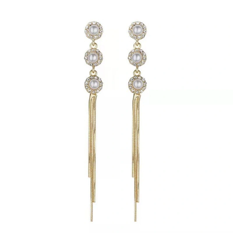 Wholesale Fashion Versatile Diamond Set Pearl Long Tassel Earrings S925 Silver Needle Earrings 1