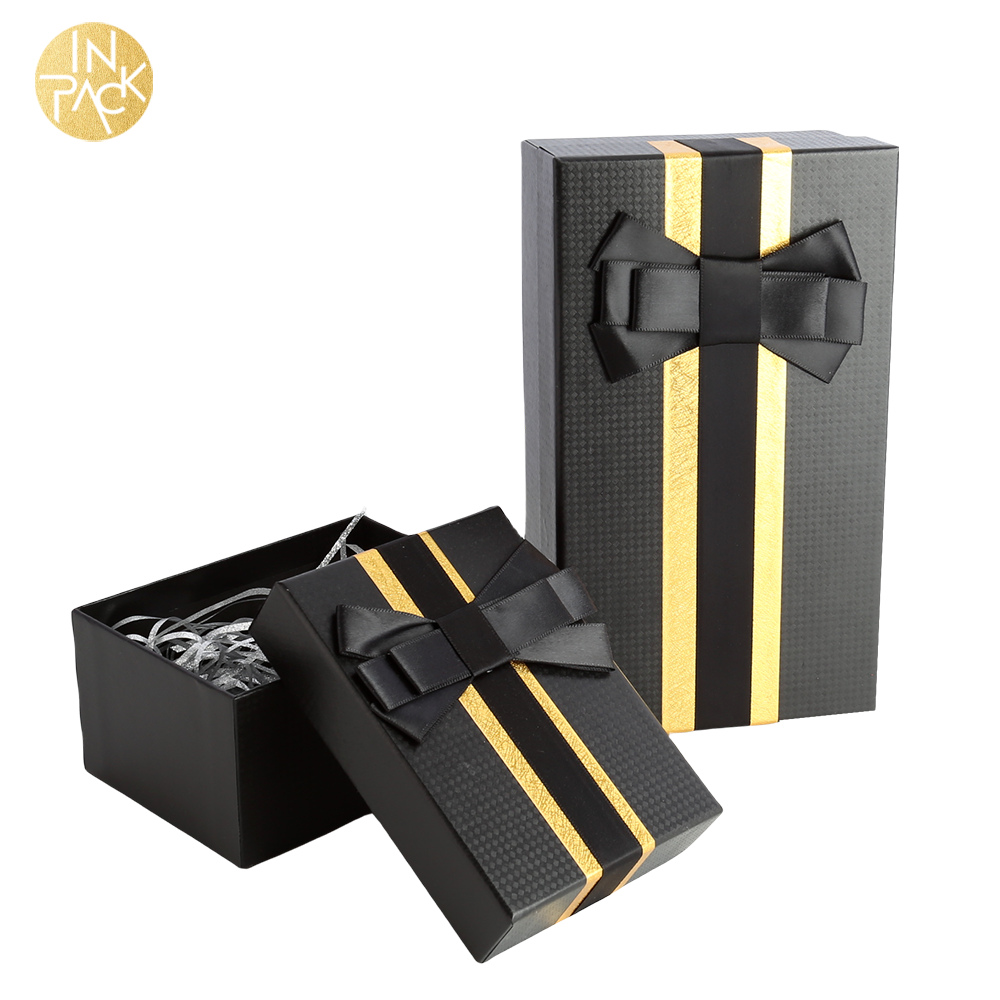Schwarze Geschenkbox aus festem Papier mit Schleife für Hochzeitsbonbons 1