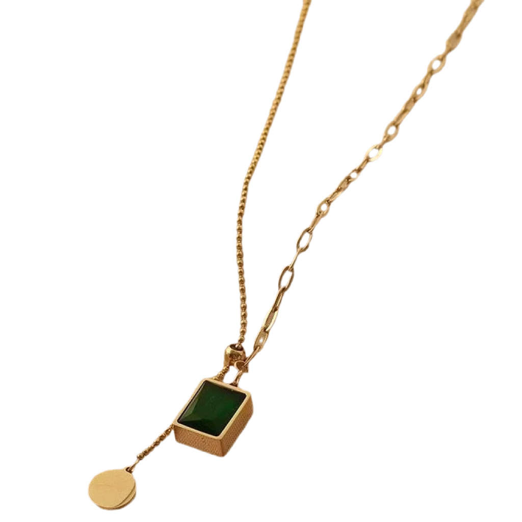 Cubic Zircon Round Brand Tassel Collar Chain Fashion Stainless Steel Personality Emerald Zircon Pendant Splice Chain Necklace 1