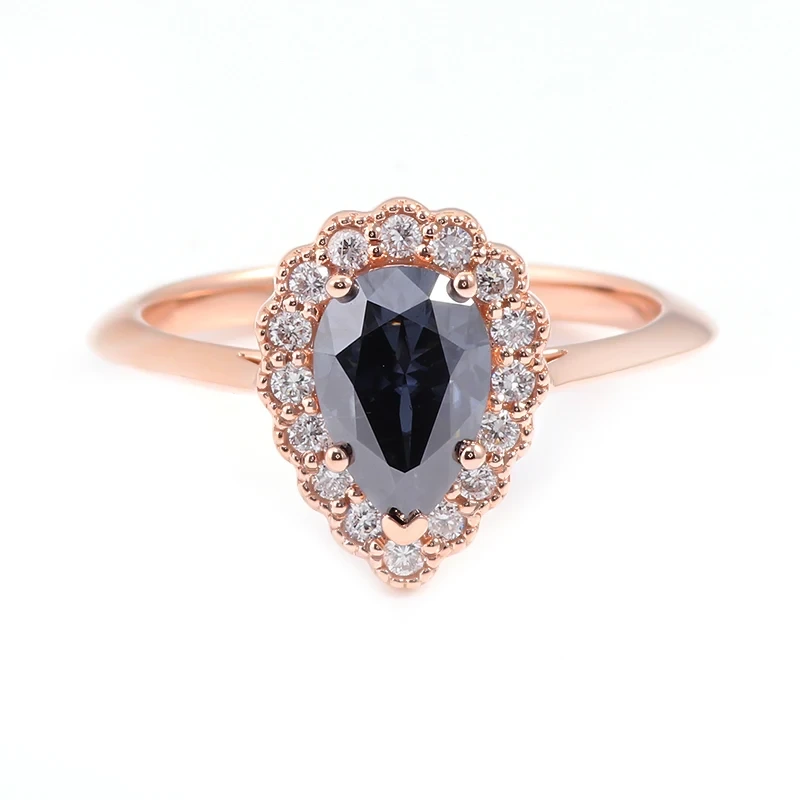 Anillo de diamantes de joyería de Provence Corte de pera negra Anillo de compromiso de moissanite Melee Diamond Halo de boda pavimentado 1