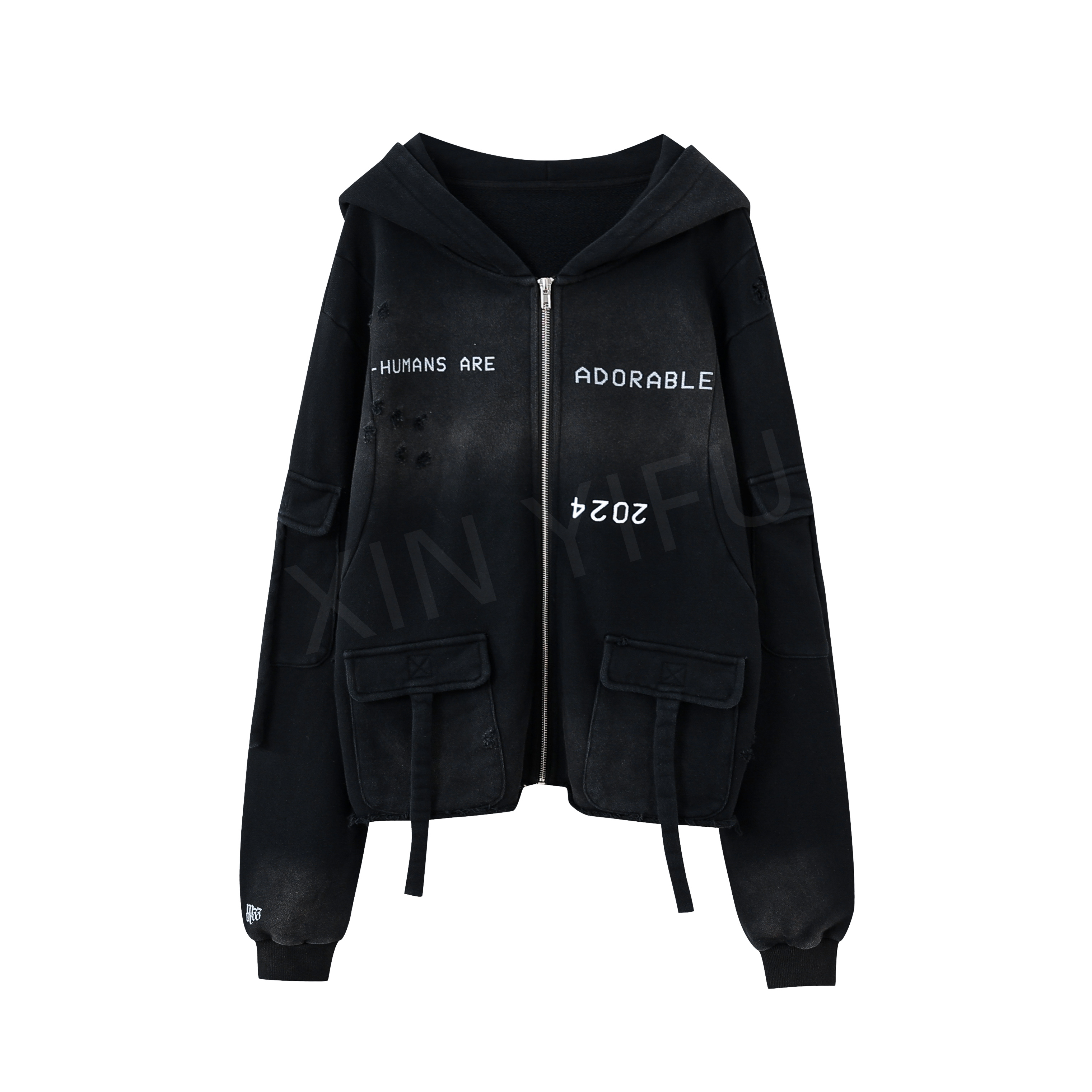 Custom 500gsm Distressed Embroidery Zip Up Sun Faded Hoodie 1