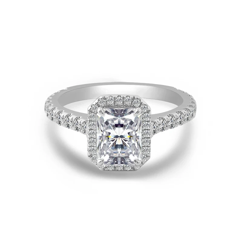 Bague de fiançailles en or véritable 2 carats avec halo de diamants et moissanite taille radiante, bijoux fins de Provence, pour femme 1
