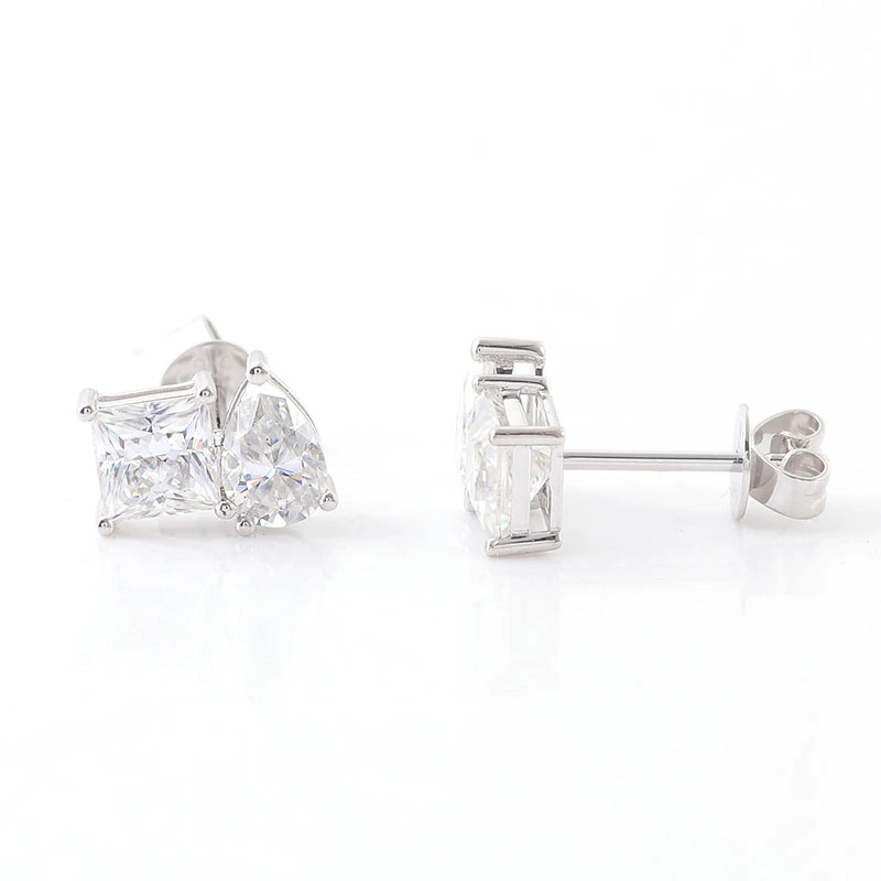 Pendientes de tachuelas de diamantes de moda femenina de 14k Pendientes de tachuelas dobles de oro sólido 1 Catat Princess Cut and Pear Cut Moissanite 1