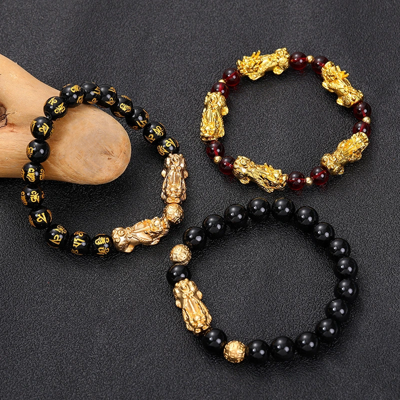 Chinese Feng Shui Gold Plated Obsidian Sand Gold Pixiu Bracelet Buddha Bead Wealth Good Luck Bracelet Women's Male Unisex 1