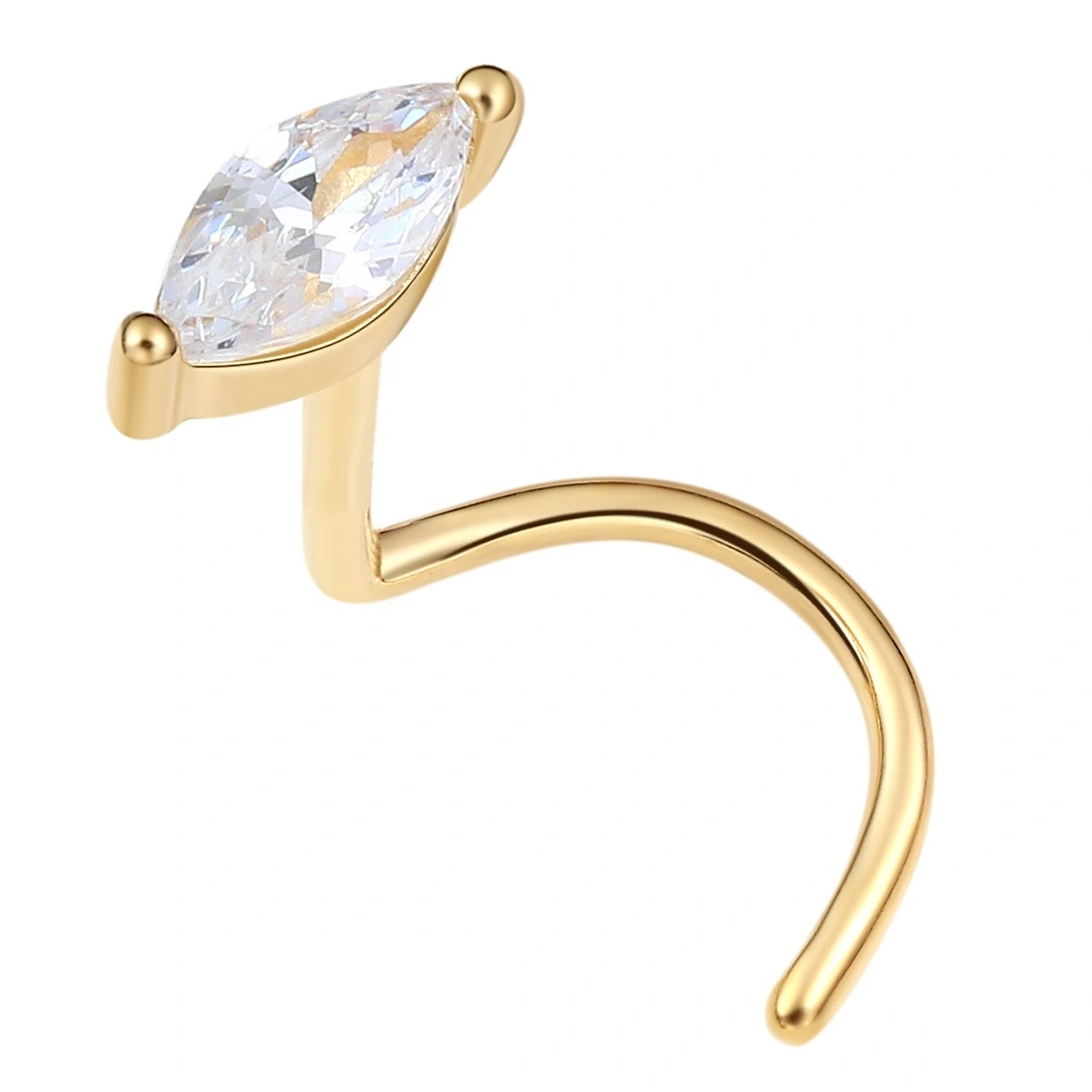 Eternal Metal 14k Solid Gold Marquise Cut Shaped Cz Nose Srcew Studs Piercing Jewelry 1
