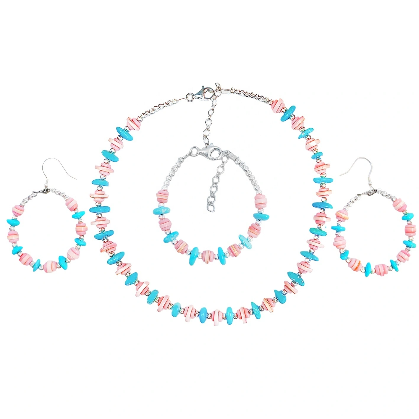 Natural Sterling Treatment Turquoise Jewelry Set Necklace Earrings Bracelet Three-piece Set Healing Jewelry Pink Opal 1