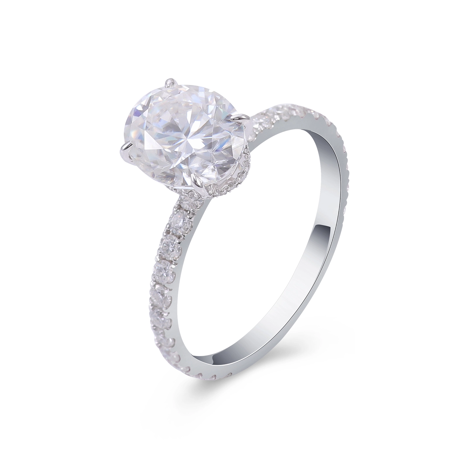 Anillo de compromiso de oro blanco con moissanita de corte ovalado de 3 quilates y platino con diamantes y boda de diseño simple. 1