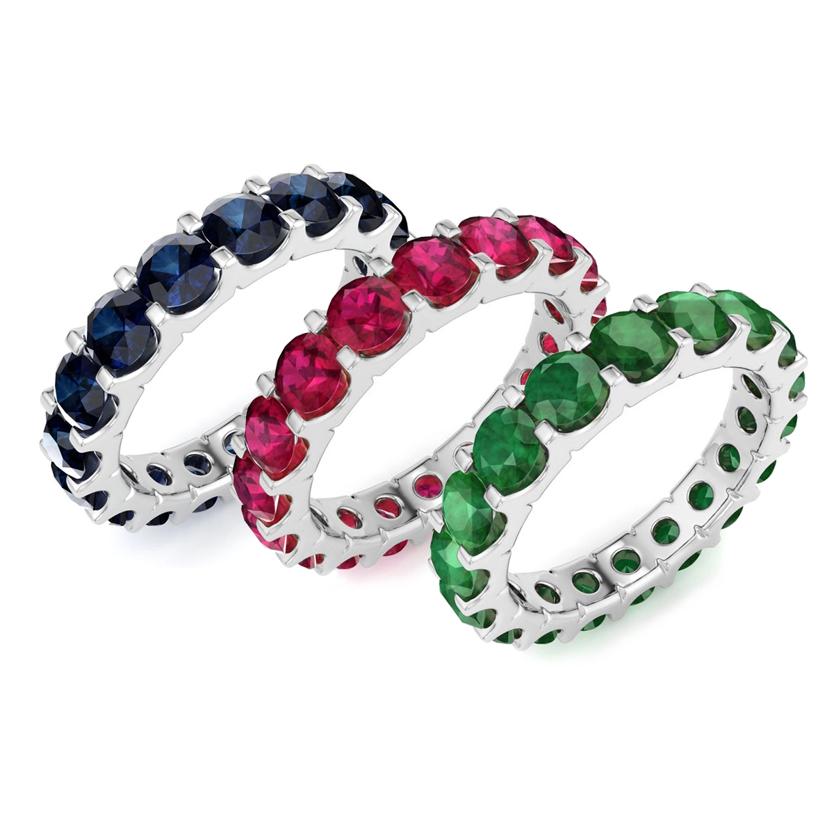 Band de mariage de 3 mm complet avec Diamond Lab Sapphire Moissanite dans 14karat White Gold Gemstone Eternity Band 1